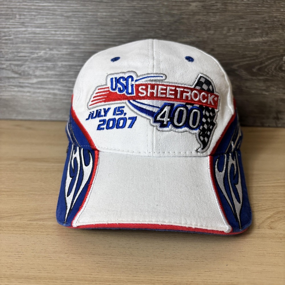 USG Sheetrock 400 Hat Cap Strap Back White Blue NASCAR Racing Mens Chicagoland